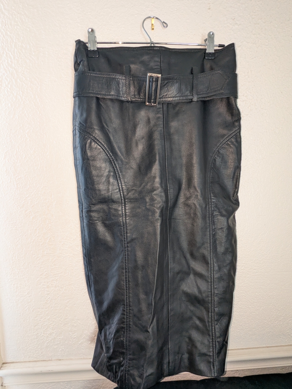 Black Leather High-Waist Belted Pencil Skirt
